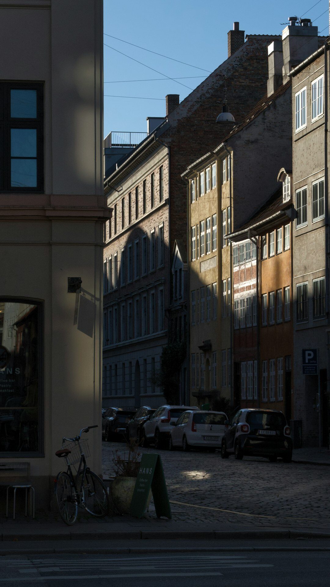 Long shadows cast across a residential Danish street in late afternoon light